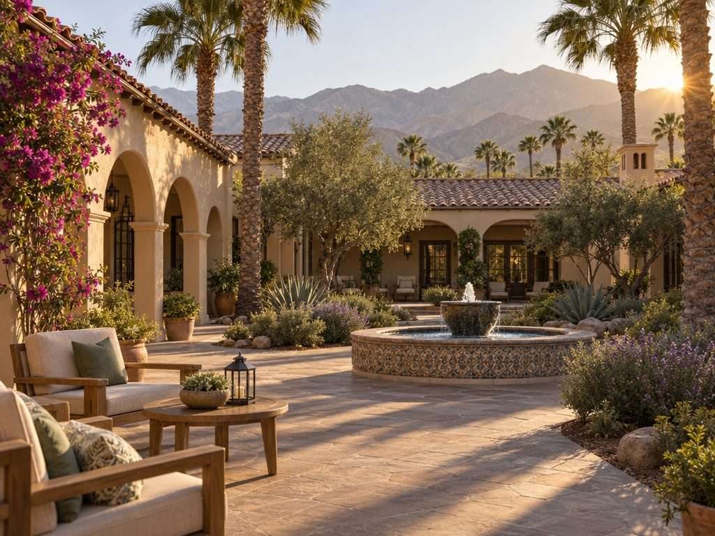 Artist's rendering of the garden courtyard with palms and a tiled fountain, coming soon